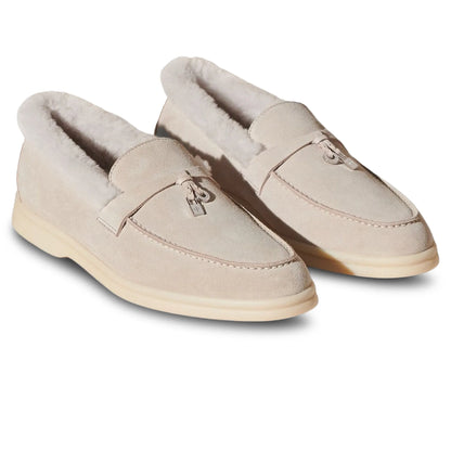 Loro Piana Summer Charms Walk Suede With Beaver Fur Pearl Powder Loafers