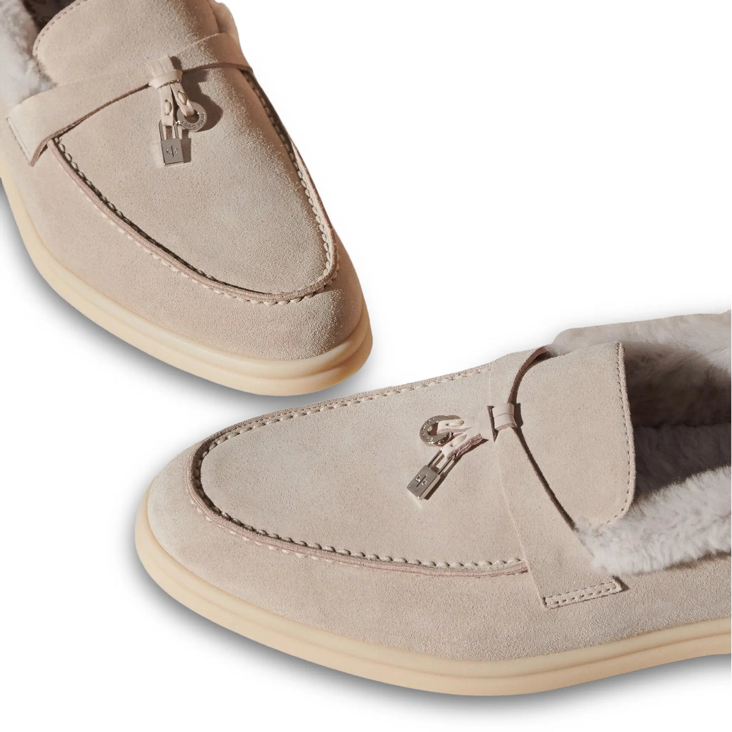 Loro Piana Summer Charms Walk Suede With Beaver Fur Pearl Powder Loafers