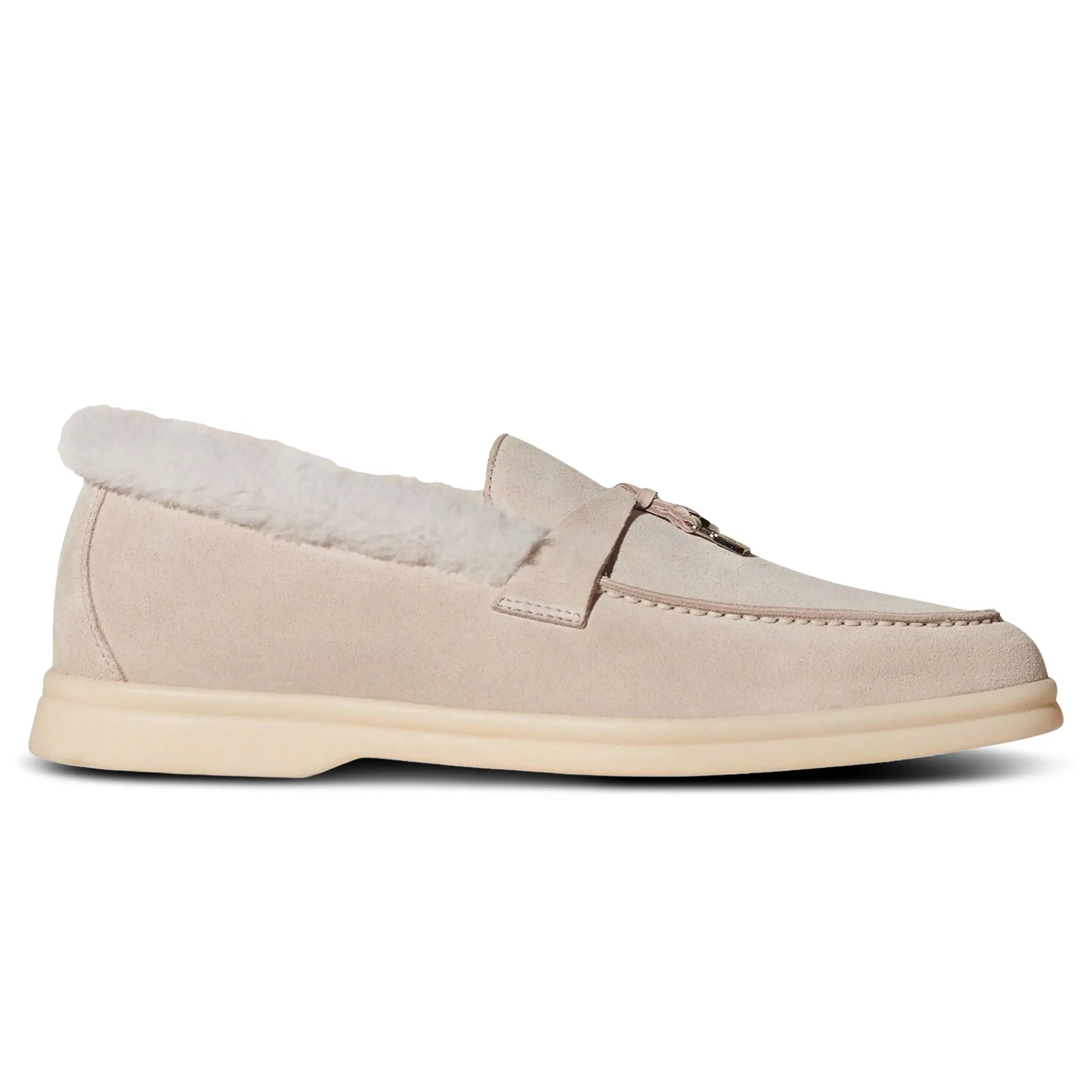 Loro Piana Summer Charms Walk Suede With Beaver Fur Pearl Powder Loafers