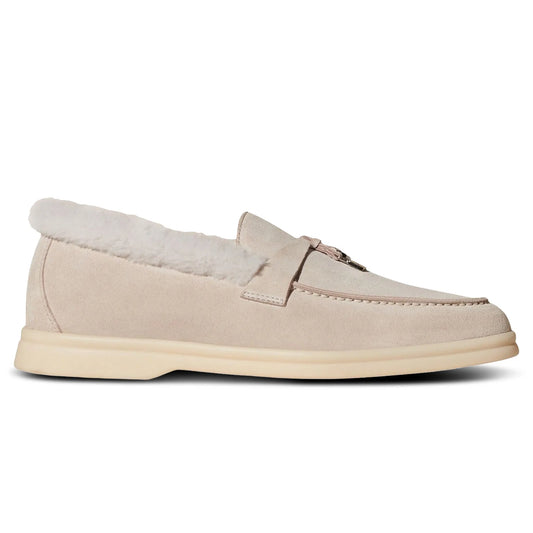 Loro Piana Summer Charms Walk Suede With Beaver Fur Pearl Powder Loafers